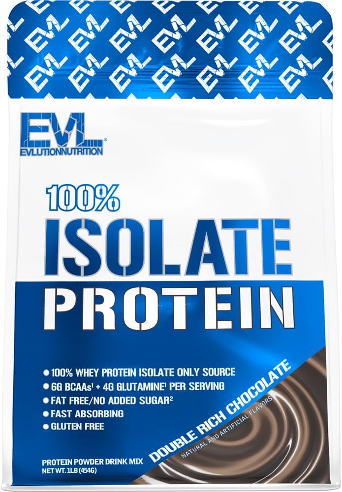 Évlution Nutrition 100% Isolé, Poudre de protéines Isolée Whey, 25 G de protéines d'absorption rapide, sans sucre ajouté, faible teneur en glucides, sans gluten (chocolat double riche, 1 LB)