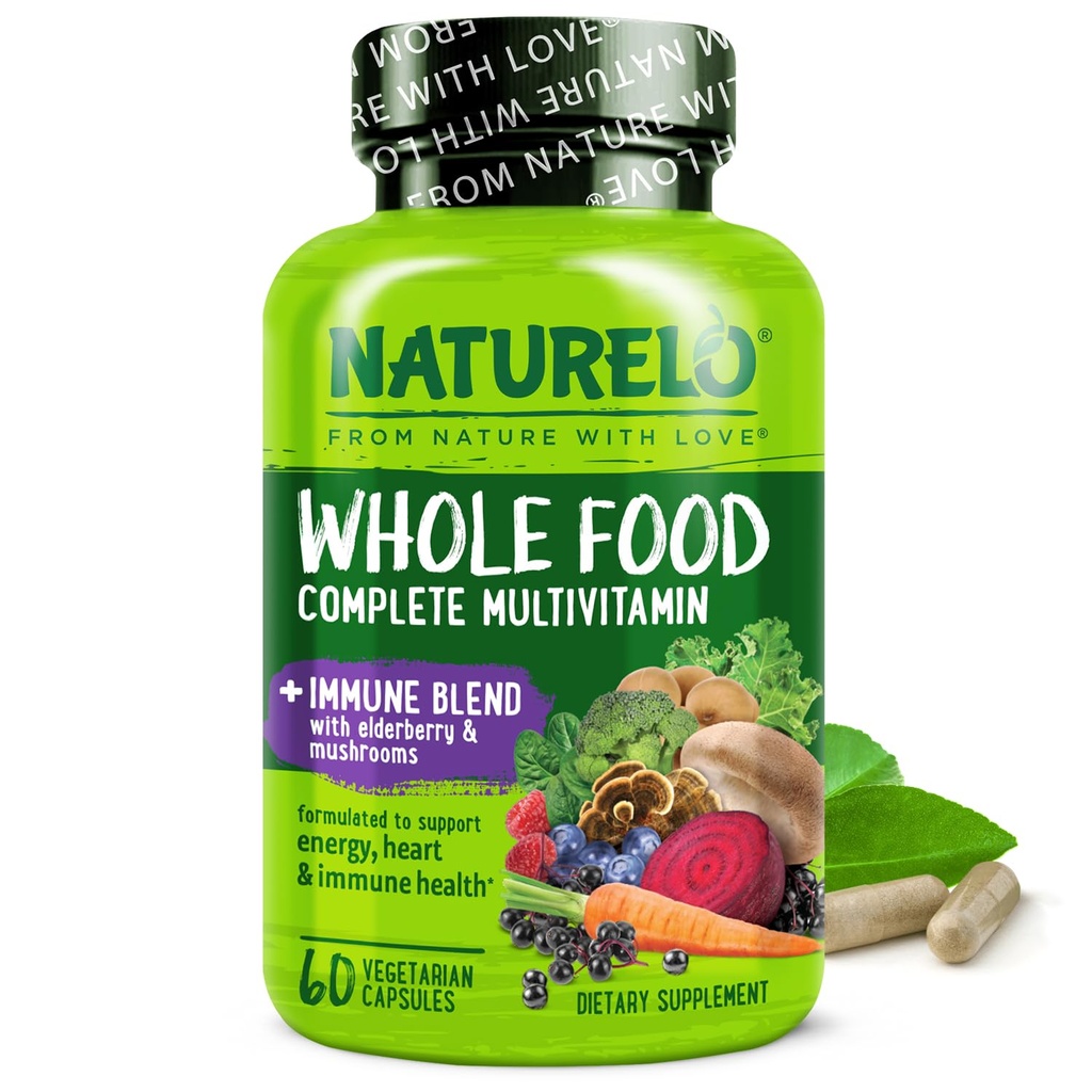 NATURELO Multivitamine d'aliments entiers + mélange d'Immune avec Elderberry & Champignons - Multivitamine complète avec support d'Immune supplémentaire - C, D3, Zinc, Elderberry, Reishi, Shitake - 60 Capsules Vegan