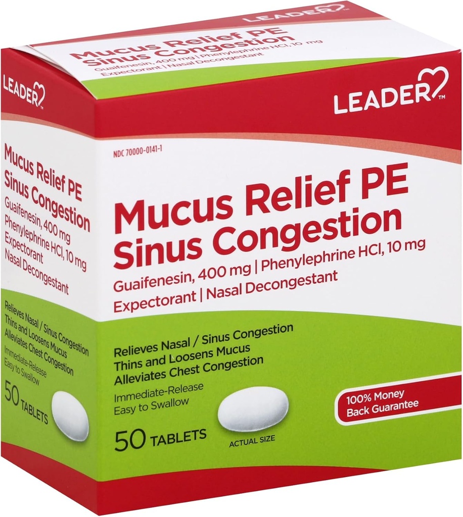 Leader Mucus Relief PE Sinus Congestion, Expectorant; Nasal Degongestant, Thins and Loosens Mucus, Immédiatement libéré, Allége la congestion thoracique, 50 comprimés