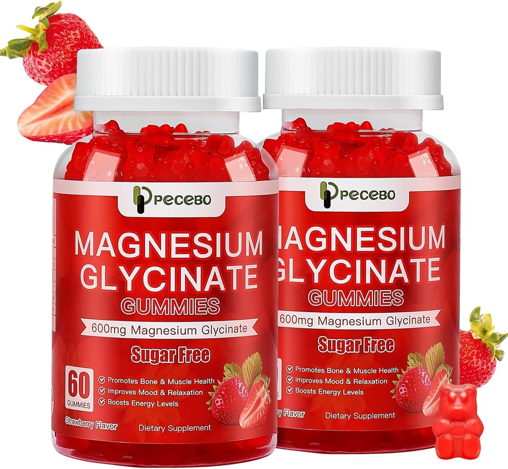Glycinat de magnésium 600mg, Gommies de magnésium sans sucre pour les adultes, supplément de magnésium fraise pour le stress et le soulagement musculaire et la santé nerveuse, non-OGM, sans gluten, végétalien, 120compte