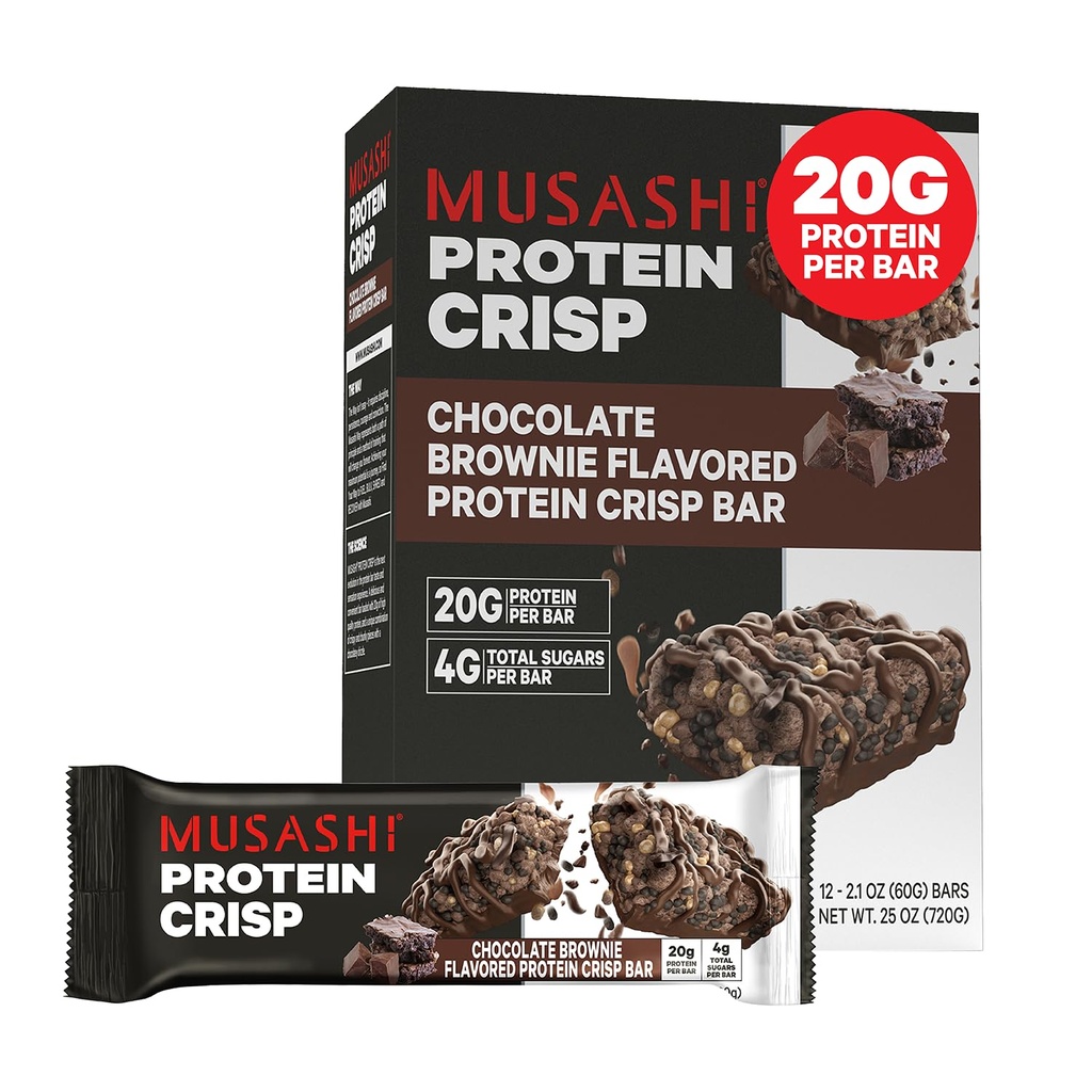 MUSASHI Protein Crisp Bar, 20g Protéines, 4g Sucres totaux, Chocolat Brownie, Après l'entraînement et Snack On The Go, 12 Pack de 2.1oz (60g) Barres
