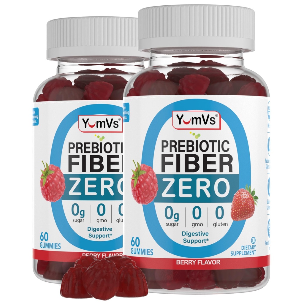 YumVs Sans sucre Gommies de fibre prébiotique pour les adultes et les enfants - Berry Flavor - Supplément de fibre haute kasher Halal 4g pour les femmes et les hommes - Fibre quotidienne pour la santé digestive (60 comte, 2PK)