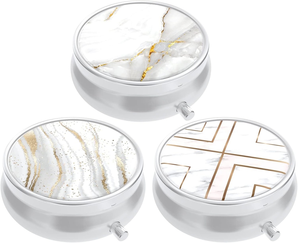 Boîte à pilules de 3 paquets, petit étui à pilules pour la Purse & Pocket, organisateur de médicaments de voyage mignon, porte-conteneur de médicaments portatifs pour contenir des vitamines, médicaments, huile et supplément de poisson, marbre blanc