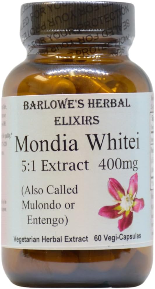 Barlowe's Herbal Elixirs Mondia Whitei 5:1 Extrait de 400mg par capsule , Herbe de vitalité africaine traditionnelle pour la santé et le bien-être global , 60 Capsules végétaliennes , formule propre, sans remplissage