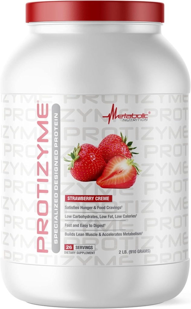 Metabolic Nutrition | Protizyme | 100% Whey Protein Powder | High Protein, Low Carb, Low Fat with Digestive Enzymes, 24 Essential Vitamins and Minerals | Strawberry Creme, 2 Pound