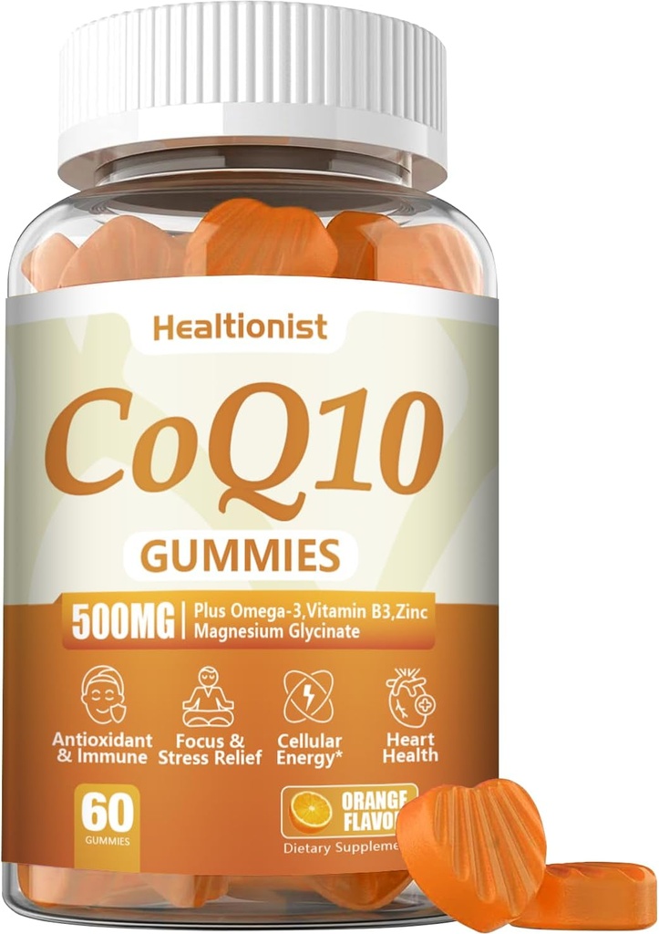 1 Pack 500MG Coq10 Gummies - 3X Better Absorption, Plus Omega-3, Magnesium, Vitamin B3 & Zinc - Coenzyme Q10 Supplements for Heart Health, Cellular Energy & Antioxidant, Vegan, 60 Counts