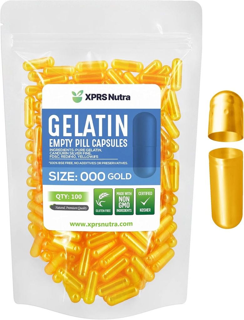 XPRS Nutra Taille 000 Capsules vides - 100 Compte Grandes Capsules de gélatine vides - Supplément bricolage Remplissage - Gel de couleur rechargeable Pilules pour Do-It-Youlf Suppléments (Or)