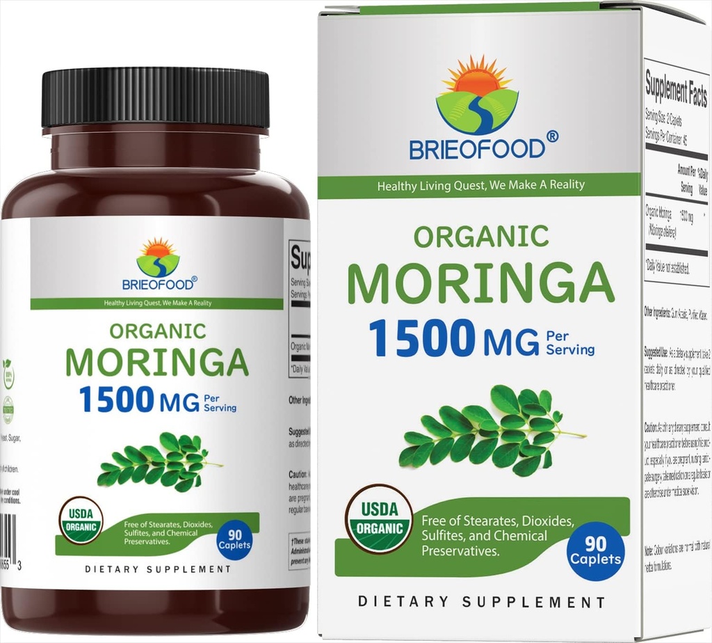 Moringa bio Brieofood 1500mg, 45 portions, végétarien, sans gluten, 90 comprimés végétariens