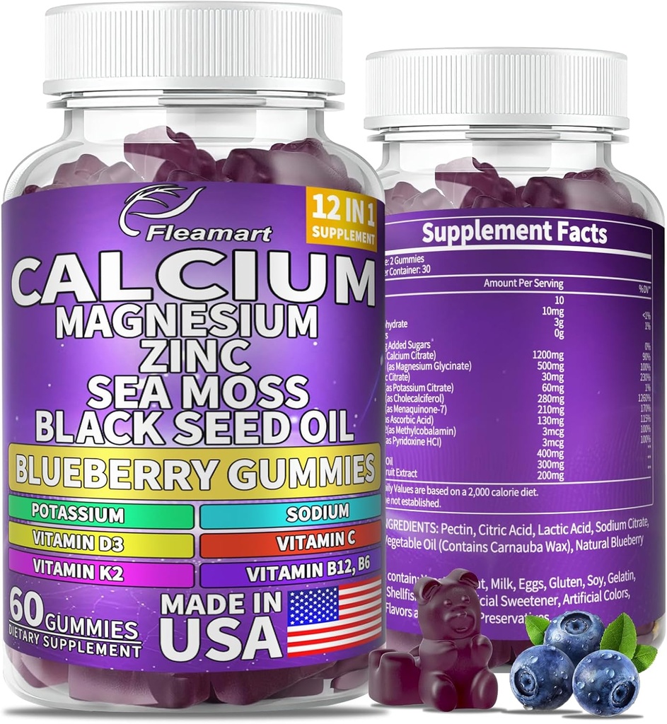Supplément de zinc de magnésium de calcium Gommies sans sucre pour les femmes et les hommes Supplément de sucre de calcium Bone & Immmune Support Fabriqué aux États-Unis 60 comtes Blueberry Flavor