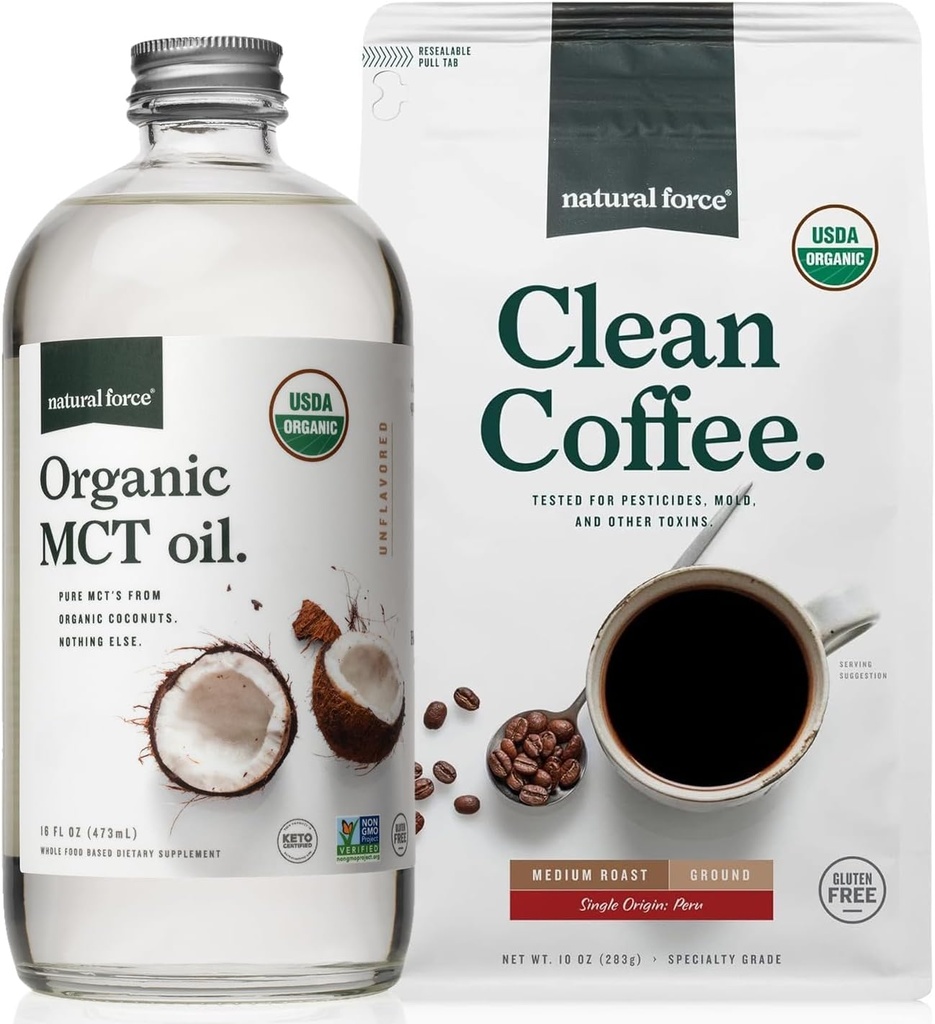 Natural Force Bio Ground Clean Coffee + Organic MCT Oil Bundle – 100% pur Coconut MCTs & Mold & Mycotoxine sans café – Non-OGM, Keto, Paleo et Vegan - 10 Oz Sac et 16 Oz bouteille en verre