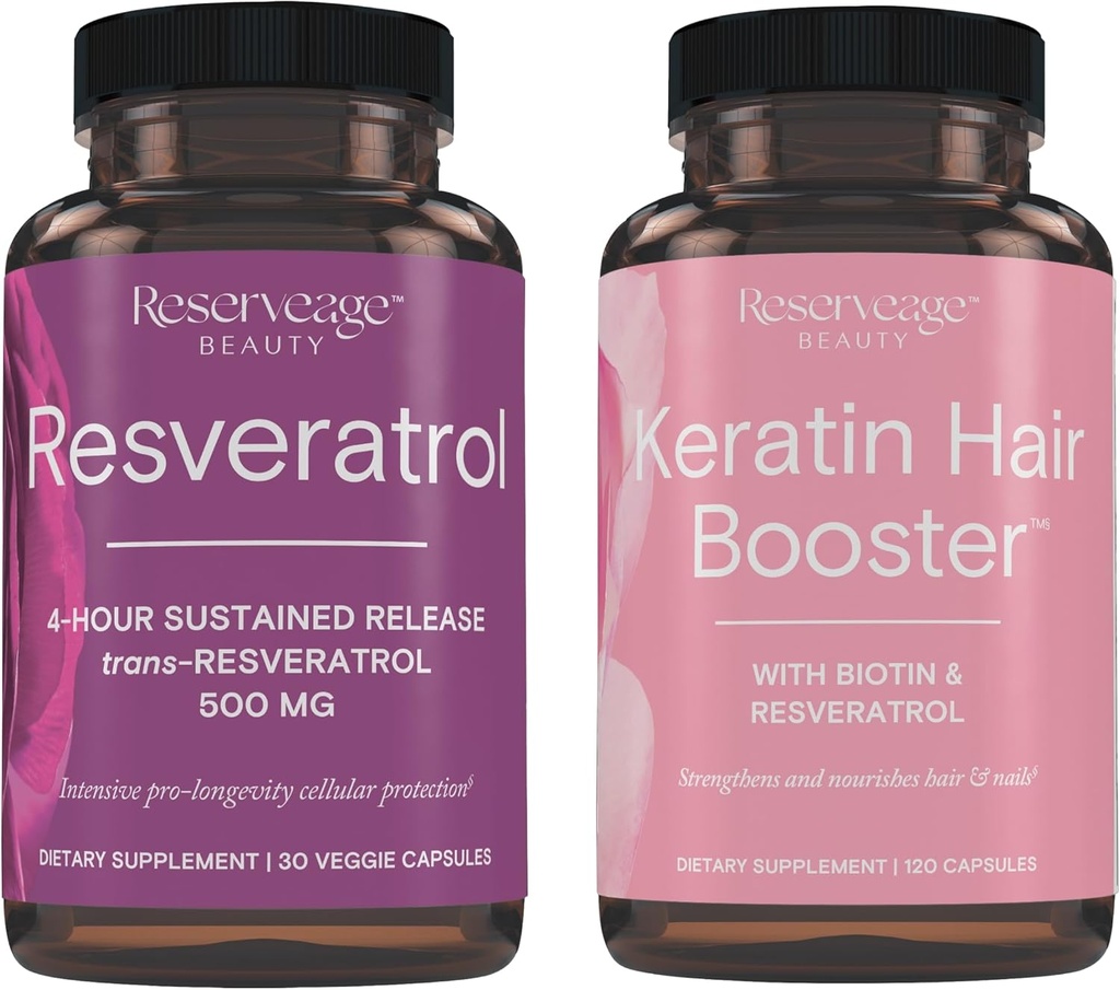 Réserve Beauté, Resvératrol 500 mg, Supplément antioxydant pour la santé cardiaque et cellulaire 30 Caps & Keratin Hair Booster avec Biotin & Resvératrol, Supplément de croissance des cheveux et des ongles 120 Caps