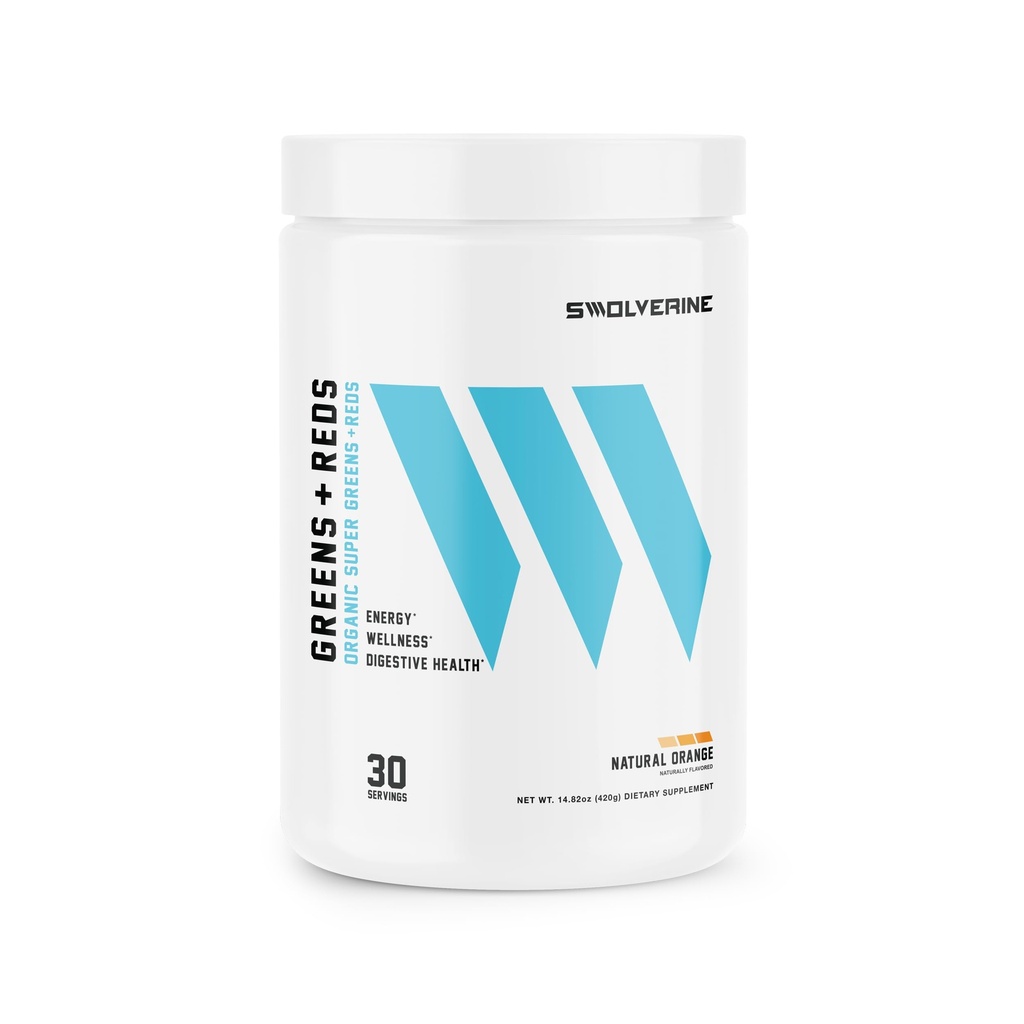 Poudre de swolverine et de rouge Super Greens et de rouge avec Spiruline, Chlorella, Herbe de blé, grenade, racine de betterave, curcuma, saveur d'orange naturelle (30 portions)