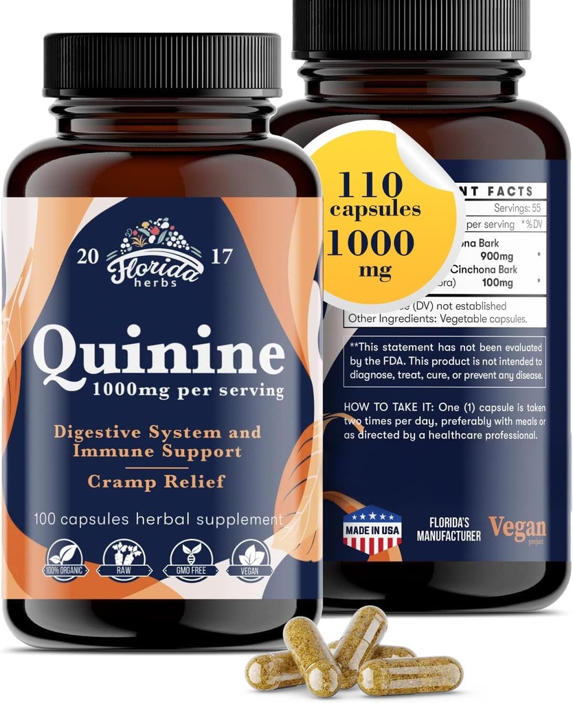 Quinine pour les crampes des jambes 1000 mg - 110 Capsules - Supplément d'extrait d'écorce de Cinchona - Capsules de quinine - Vegan, Non - OGM