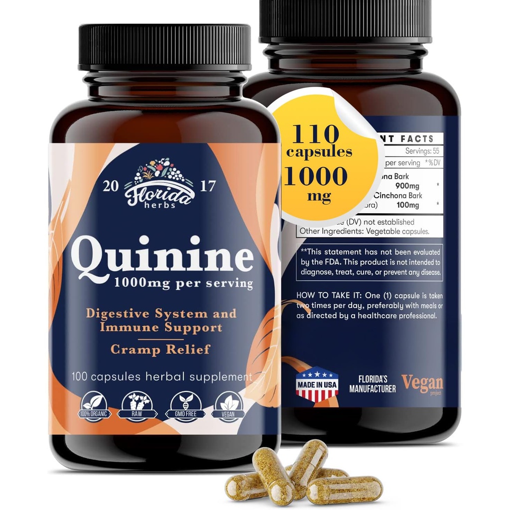 Quinine pour les crampes des jambes 1000 mg - 110 Capsules - Supplément d'extrait d'écorce de Cinchona - Capsules de quinine - Vegan, Non - OGM