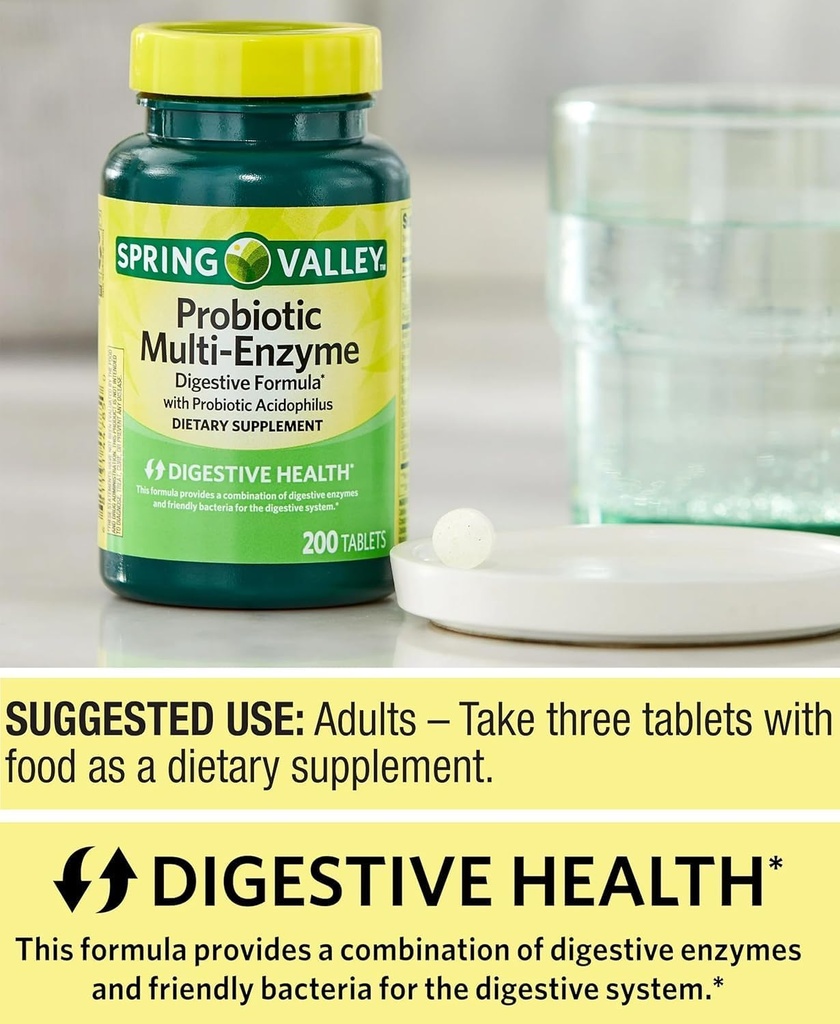 Supplément probiotique avec enzymes digestives pour les hommes et les femmes, 200 comprimés - Comprend Acidophilus, et les prébiotiques pour la santé de Gut et le soutien digestif.
