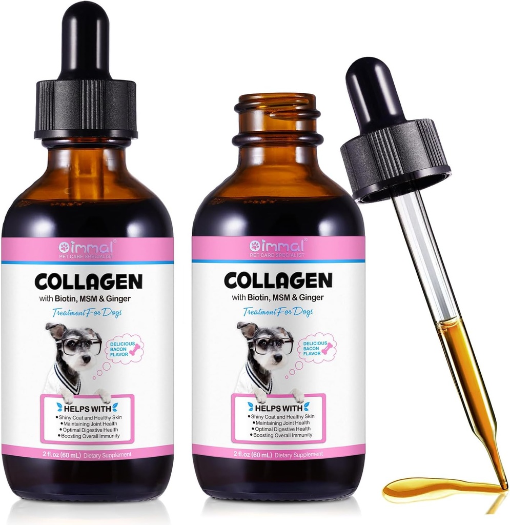 Collagène pour chiens, gouttes liquides de collagène avec biotine, MSM & Ginger Digestive & Immunity Support, Démangeaison, Skin & Coat and Joint Health, Supplément pour chiens 60ml-2pcs