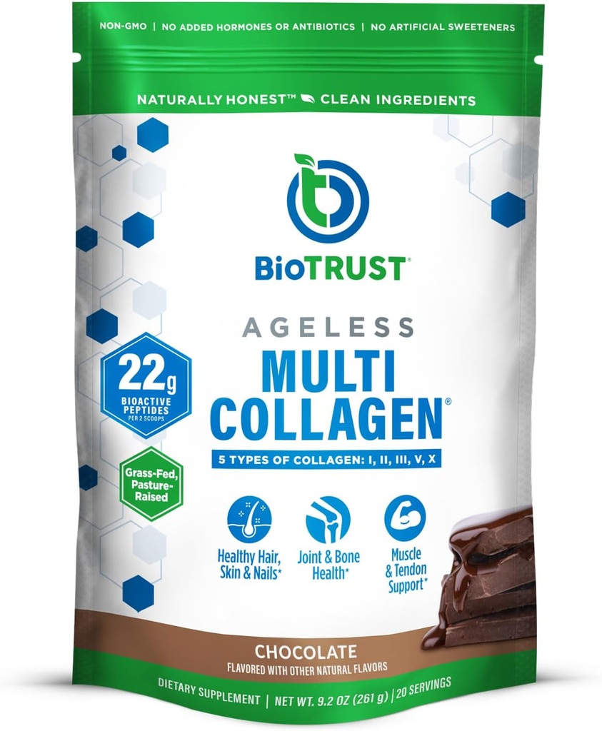 BioTrust Ageless Multi Collagen Peptides Powder – 5 Types (I, II, III, V, X) – Chocolate Collagen Powder for Women & Men – Hydrolyzed Protein – Grass Fed Beef, Fish, Chicken, Eggshell Membrane
