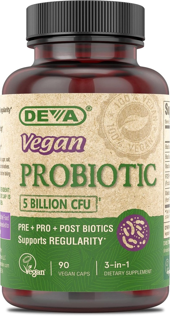 DEVA Vegan Probiotics Supplement - Pré, Pro et Postbiotiques pour la santé digestive, 5 Million CFU, base du sol, Spore-forming, sans lait, FOS Prébiotiques, pour les femmes et les hommes, Capsules végétaliennes, 90 Compte