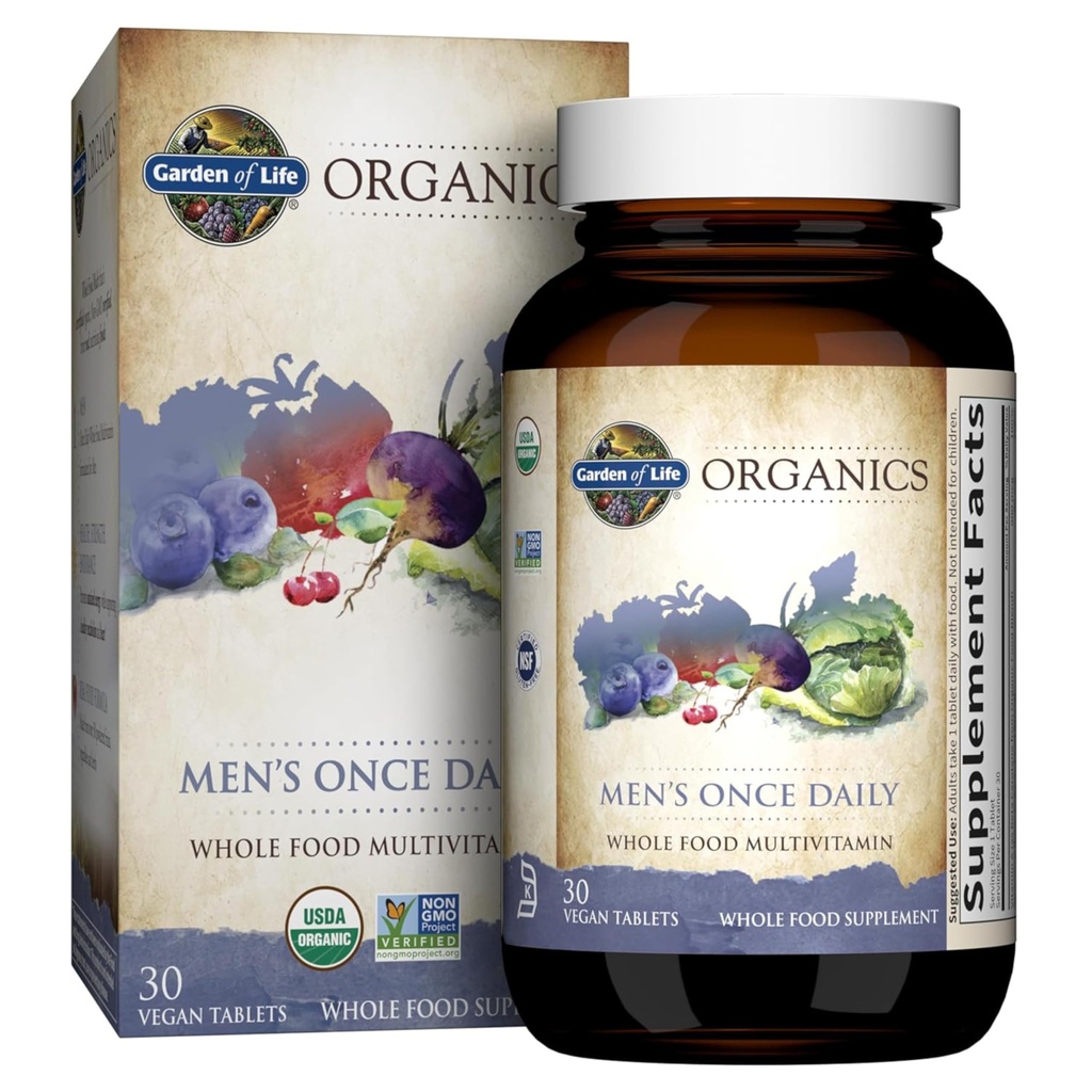 Garden of Life Once Daily Whole Food Multivitamin for Men, Organic Mens Vitamins & Minerals, Vitamin C, Zinc, Vegan, for Health & Well-Being, 30 Tablets