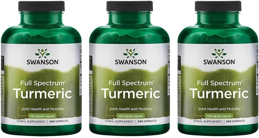 Swanson Full Spectrum Turmeric (Curcumin) - Joint Health, Digestion, Heart Health & Liver Support Supplement - Curcuma Longa Formula Promoting Memory Support - (240 Capsules) 3 Pack