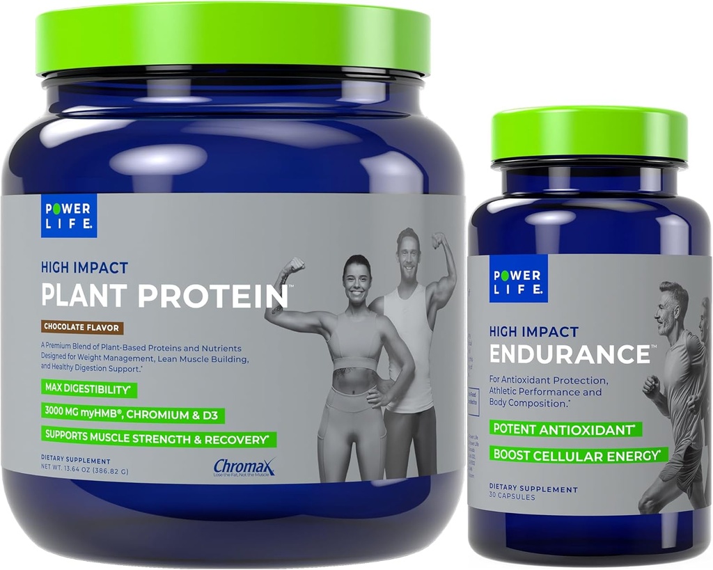 POWERLIFE Protéines végétales à fort impact (chocolat - nouvelle formule) avec 3000 MG de HMB, sans sucre ajouté, sans OGM à fort impact Endurance