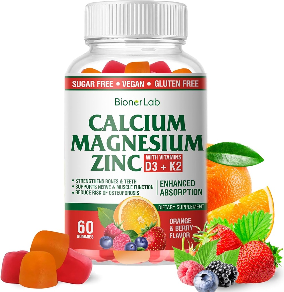 BionerLab Calcium Magnésium Zinc Gommies avec Vitamine D3 & K2 - Absorption améliorée de haute puissance - Orange et aromatisé aux baies