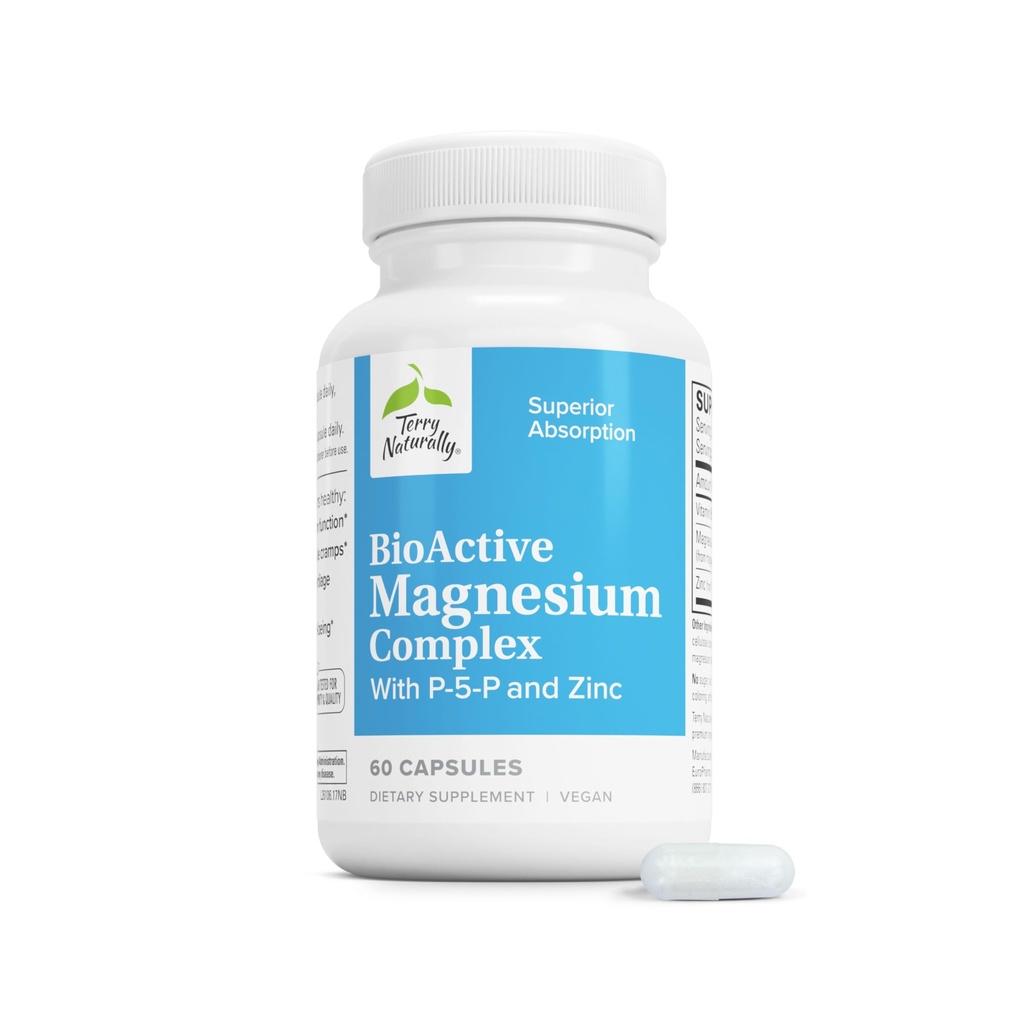 Terry Naturally BioActive Magnésium Complex - Bone & Heart Health Support - Supplément avec la vitamine B6, Zinc & Magnésium - Pyridoxal-5-Phosphate Vegan Capsule Supplément - 60 Capsules