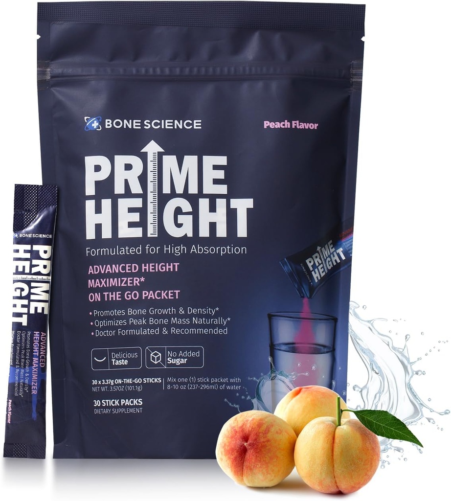BONE SCIENCE - Prime Height Mutivitamin Powder - Height Development Drink Mix for Kids & Teens, Bone & Immune Support, Sugar-Free Peach Flavor, 30 Sticks
