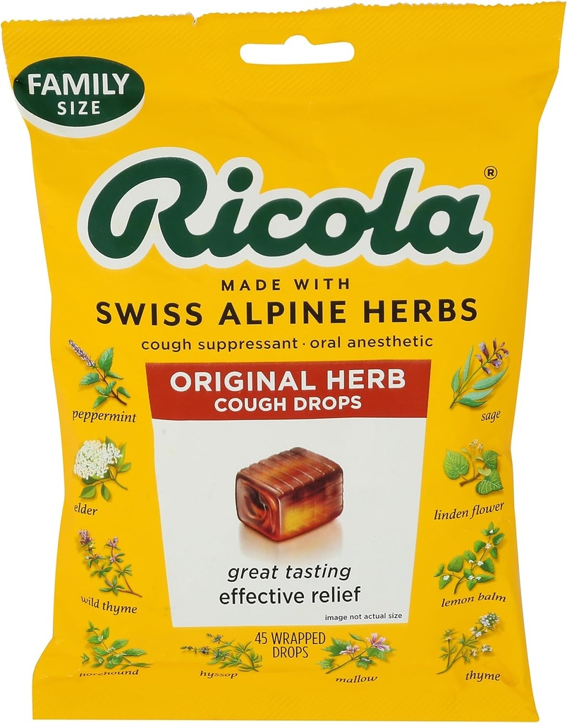 Ricola Drops de toux à base de plantes originales, 45 Compte, Toux Supprimant et Gorge Soulager les gouttes avec le menthol d'origine naturelle, Plaisir goût à base de plantes pour Toux et Gorge Irritation Symptom Relief