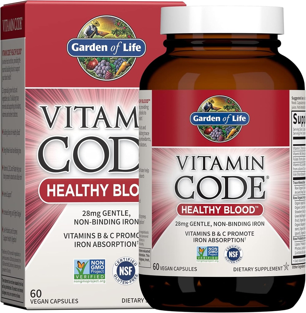 Garden of Life Vitamin Code Healthy Blood - Iron Supplement for Women, 60 Vegan Capsules, with Vitamins B, C, Trace Minerals, Fruit Veggies, Probiotics - for Energy and Anemia Support