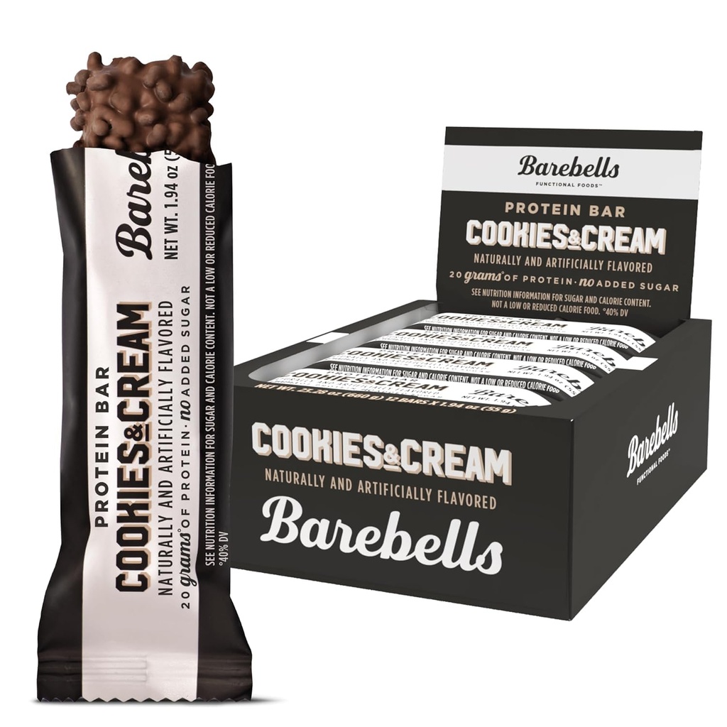 Barebells Protein Bars Cookies & Crème - 12 Compte, 20g Traitements à haute teneur en protéines - Chocolate Nutrition Bar avec 1g de sucres totaux - Petit déjeuner sur le pouce ou Snack post-entraînement