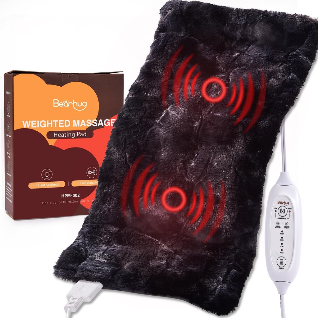 Bearhug Electric Massaging Heating Pad, 12”×24” Weighted Heating Pad, 4 Massage Modes and Heat Levels