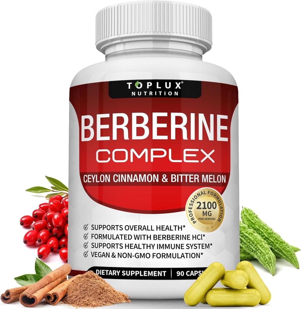 Toplux Berberine avec Ceylan Cinnamon et Bitter Melon 2100mg - Haute pureté 97% HCL Berberine supplément, soutient la santé globale et système immunitaire, non-OGM Vegan 90 capsules