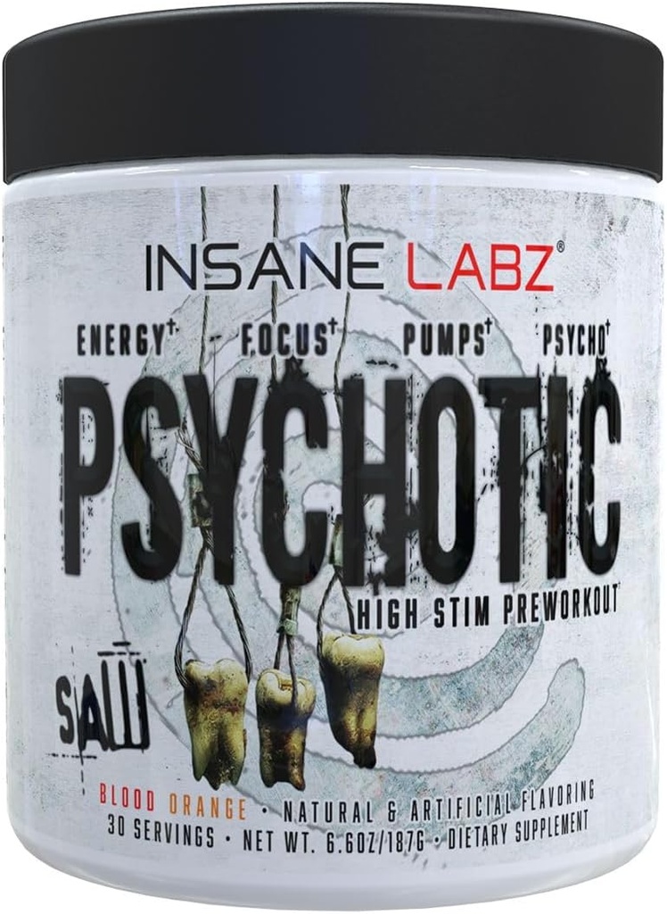 Sciure psychotique Insane Labz, Poudre de pré-entraînement High Stim avec OxyGold.com et AMPiberry®,Extreme Lasting Energy avec Teacrine®,Focus avec CognitIQ® et Endurance avec Beta Alanine,30 Srvgs, Blood Orange