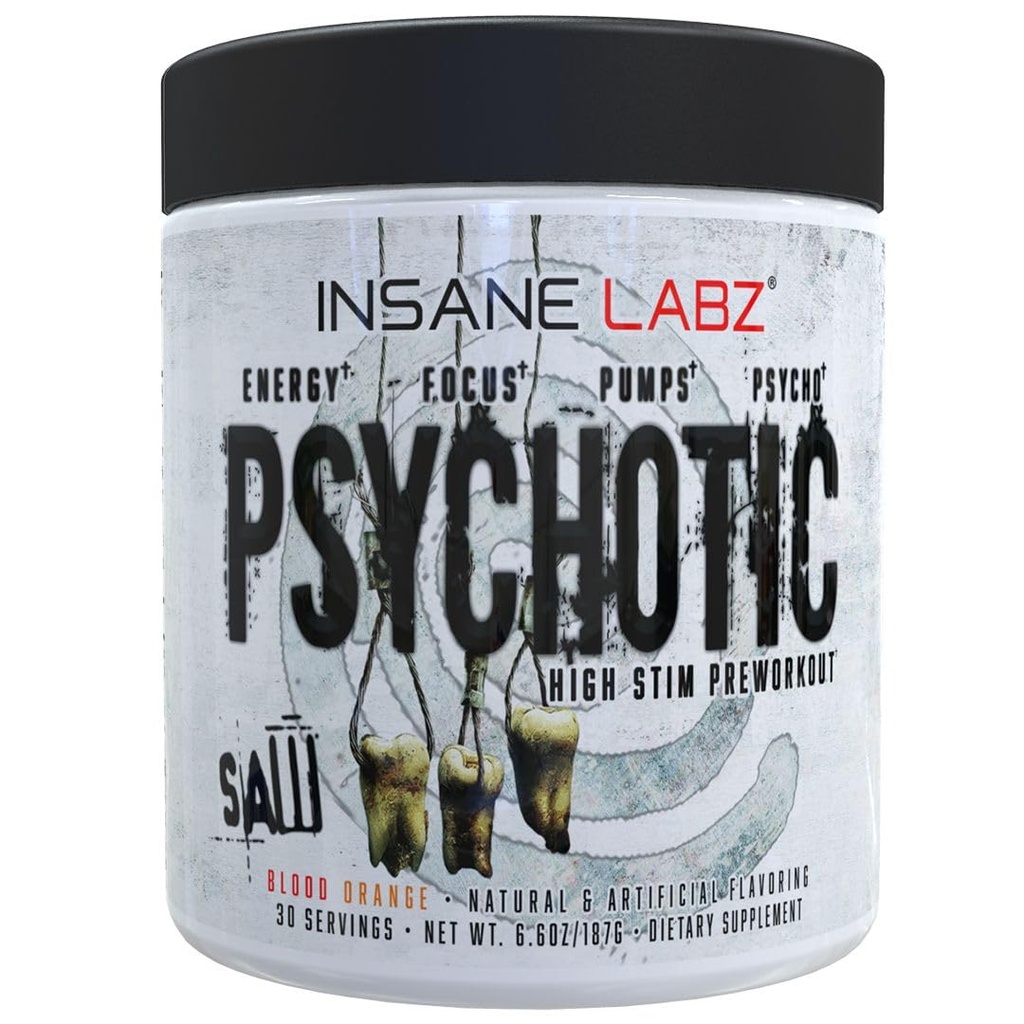 Sciure psychotique Insane Labz, poudre de pré-entraînement à haute intensité avec OxyGold)TM et AMPiberry®,Extreme Lasting Energy avec Teacrine®,Focus avec CognitIQ® et Endurance (30 portions, Blood Orange)