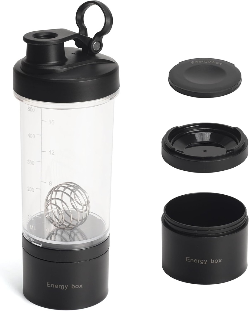 Blender Protein Shaker Bouteille Tritan avec Pill/Powder Conteneur de stockage pour les protéines Shakes-avant l'entraînement bouteille-Mixer Coupe-Gym Sport bouteille d'eau avec fil boules de fouet noir
