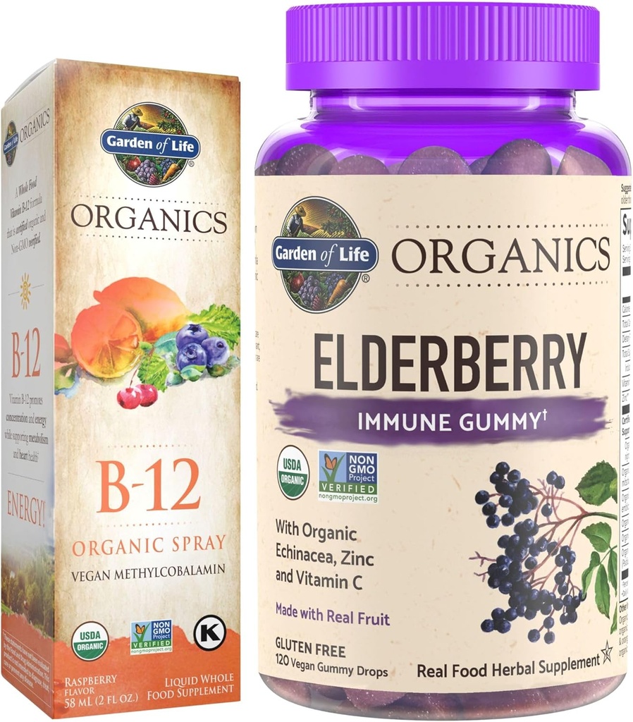 Jardin de la vie biologique Immune de baies d'eau Gummies, 120 Comte et B12 Vaporisateur de framboise de vitamine, 500mcg, 2oz