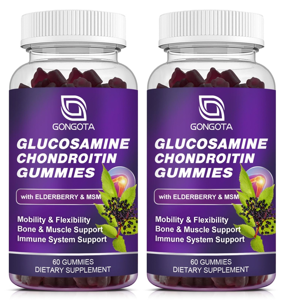 Glucosamine Chondroitin Gummies - 2- Pack, Extra Strength 1500mg Glucosamine avec MSM & Elderberry, Soutien de flexibilité, Meilleur supplément de cartilage et de soutien immunitaire pour les hommes et les femmes - 120 compte