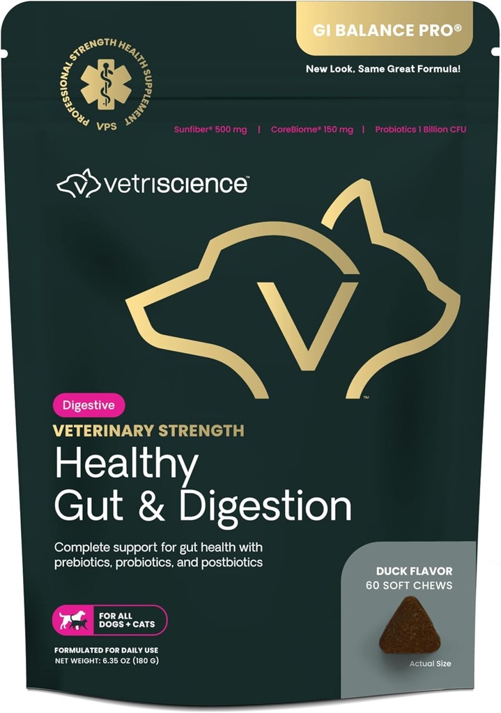 VetriScience Veterinary Strength Healthy Gut & Digestion - Supplément santé digestive pour les chats et les chiens - Gut Health & Immune Support - En vedette Probiotiques, prébiotiques et postbiotiques - 60 Compte