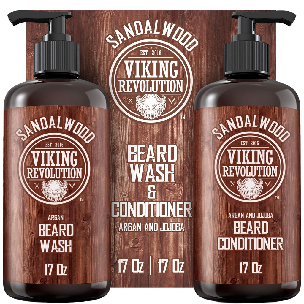 Ensemble de laver et revitalisant à barbe de la Révolution Viking avec huile d'argan et de jojoba - Adoucit et renforce - Parfum de santal naturel - Shampooing à barbe avec huile de barbe (17 oz)