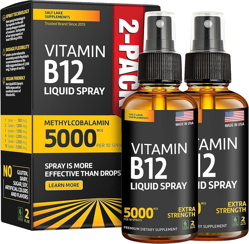 (2 Pack) - Vaporisateur liquide B12 5000 mcg - Vitamine B12 Sublingual - Végétalien B12 Vaporisateur de vitamine - Méthylcobalamine Vitamine B12 Liquid booste l'énergie et l'humeur - Sans gluten et sans OGM