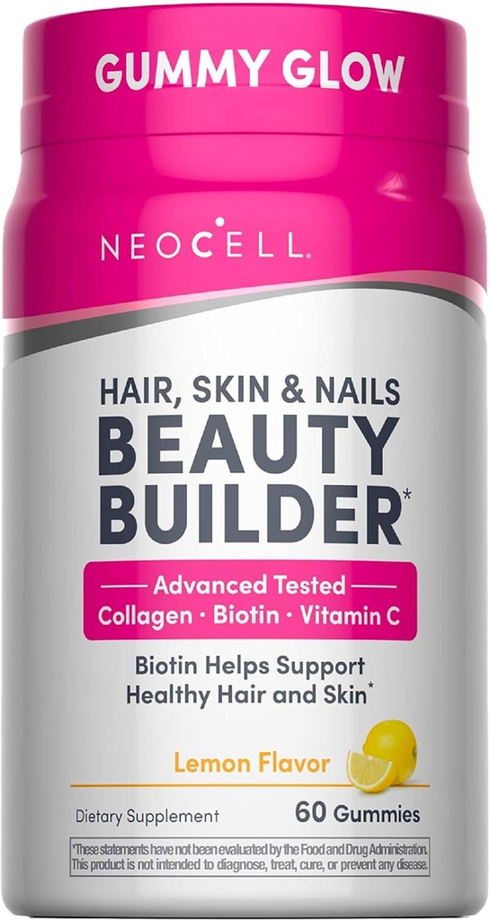 NeoCell Coiffure, peau et ongles Constructeur de beauté avec collagène, biotine et vitamine C, Comprend les antioxydants, Gummy, Citron, 60 Compte, 1 bouteille