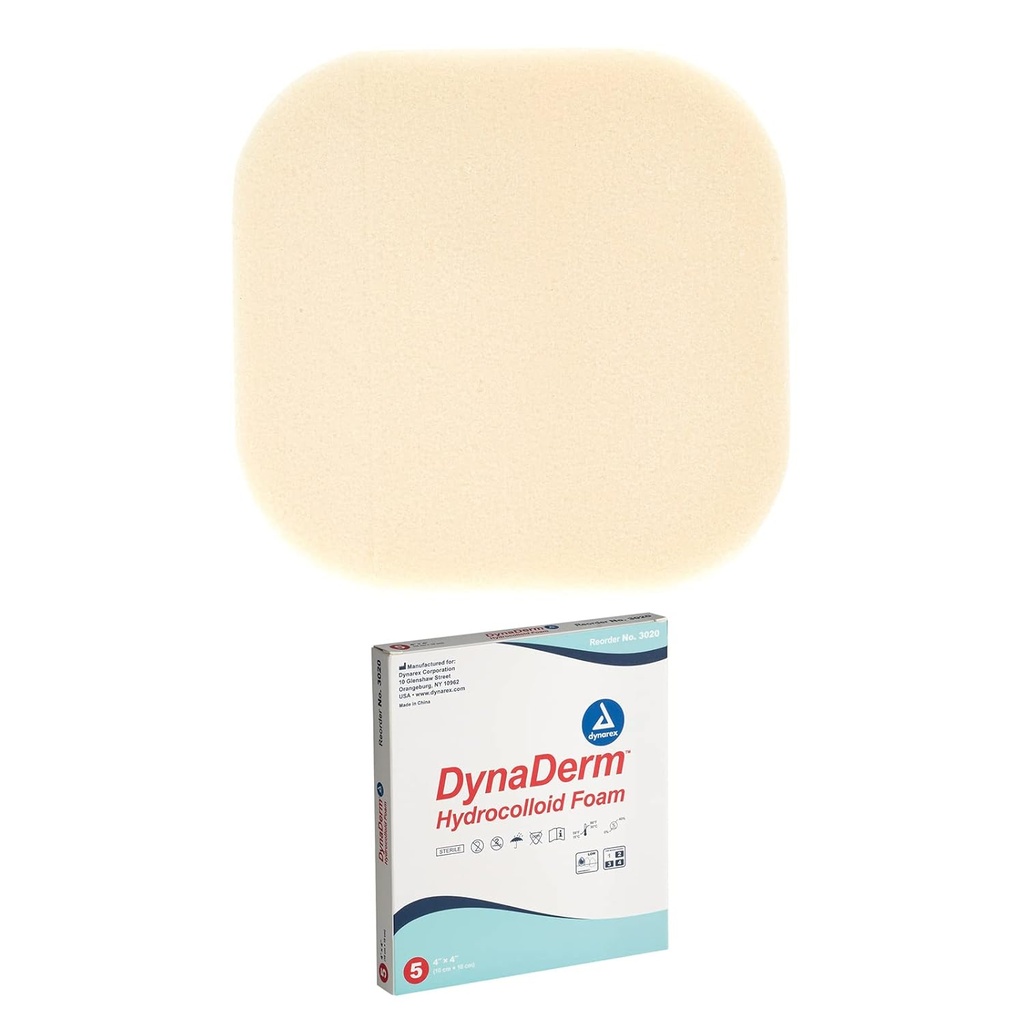 Dynarex DynaDerm Habillages hydrocolloïdes, pansements d'humidité stérile utilisés pour tous les types de plaies, 4" x 4", sans mousse et sans latex, Patchs Peel-Down - 1 Boîte de 5 Habillages