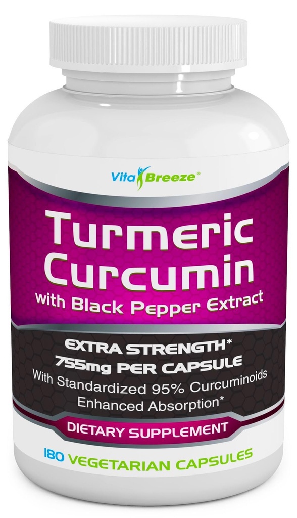 Complexe curcumin curcumin curcumin avec extrait de poivre noir - 755mg par gélule, 180végétaux - contient de la piperine (pour l'absorption supérieure et la biodisponibilité tumérique) et des curcuminoides normalisés à 95 %