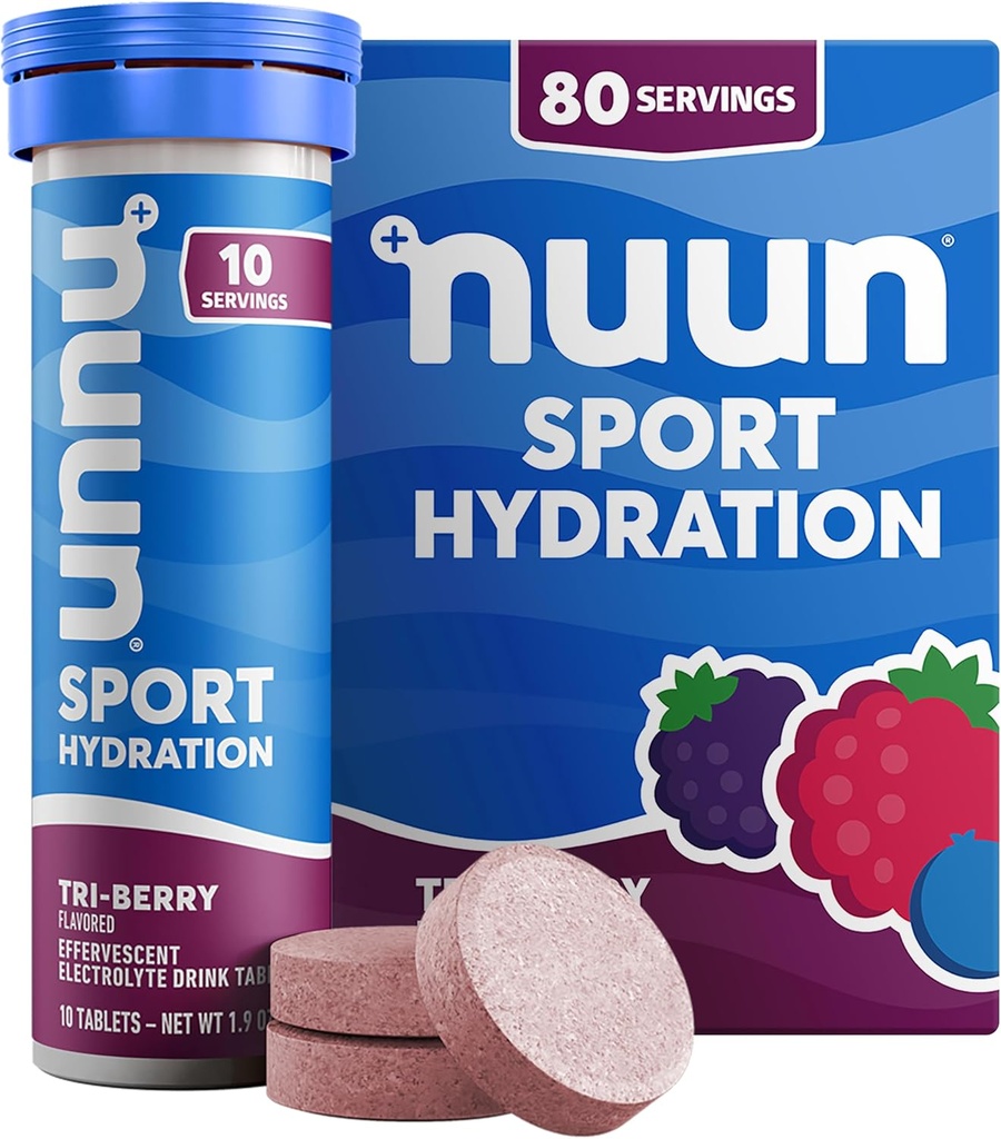Tablettes électrolytiques Nuun Sport avec Magnésium, Calcium, Potassium, Chlorure et Sodium, Sans gluten et Vegan, Tri-Berry, 8 Pack (80 portions Total)