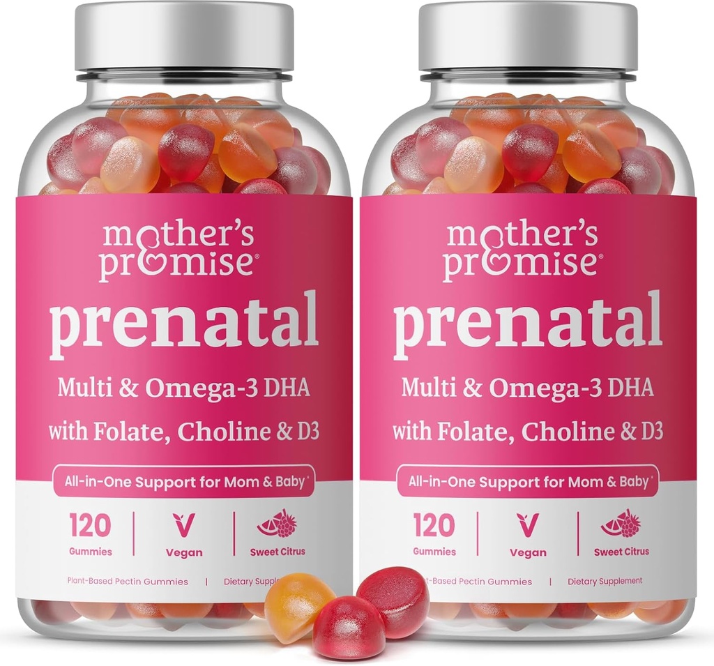 Vitamines prénatales Gommies avec la DHA de Vitamines prénatales véganes pour les femmes avec Oméga 3, Folate, Choline et D3, Vitamines de grossesse pour le développement foetal de Vitamines Gummy Multivitamine Supplément, 120 Nombre (2-Pack)