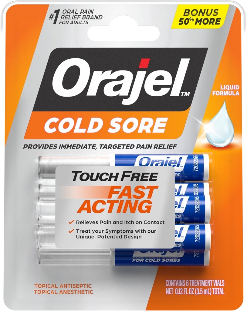 Orajel Touch Traitement sans plaies froides .12oz, Formule liquide, Fournit un soulagement immédiat et ciblé de la douleur, Bonus Taille, 6 Applicateurs.