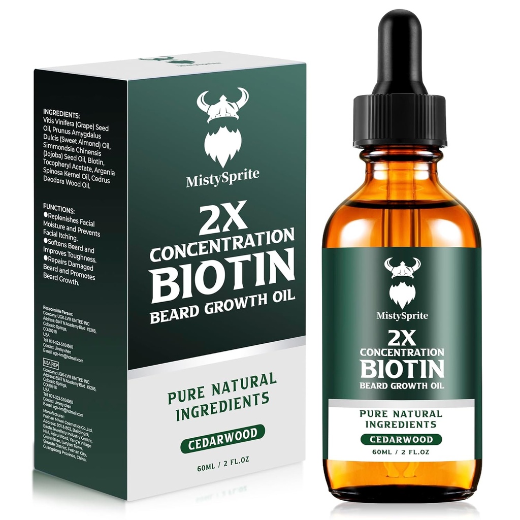 Huile de croissance de la barbe - 2X Concentration Biotine Huile de la barbe pour les hommes (2 oz) - Huile de la barbe pour hommes naturels avec huile d'argan, huile de jojoba et vitamine, adoucisseur de croissance de la barbe, hydratant (Cédarwood)