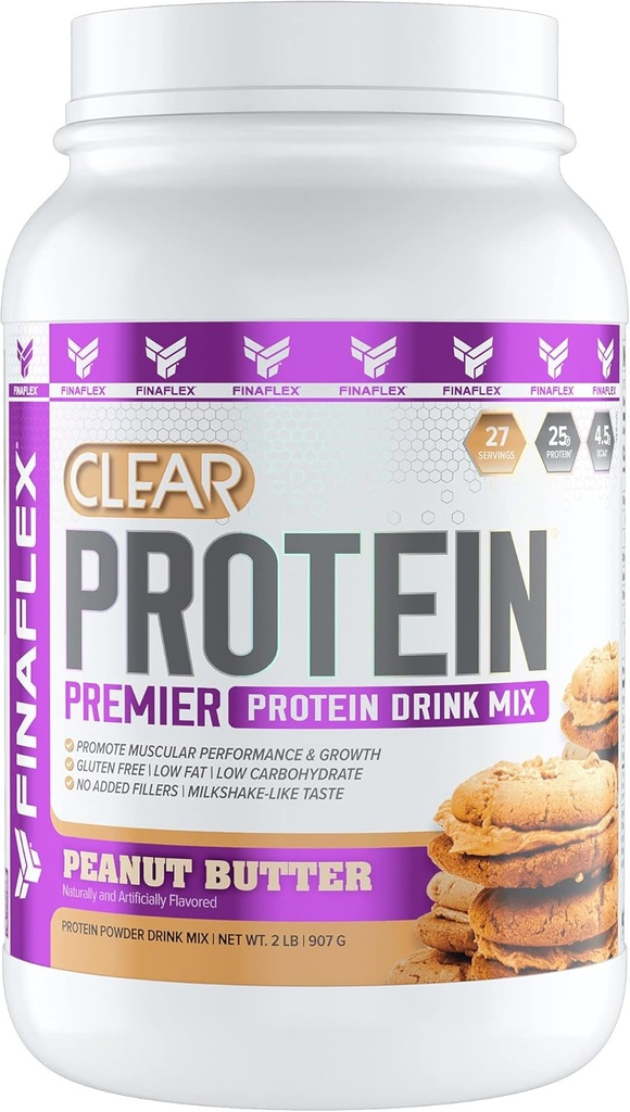 FINAFLEX Protéines claires, beurre d'arachide - 2 lb - Promotion de la performance musculaire et de la croissance - goût comme le lait - faible teneur en glucides, faible teneur en gras et sans gluten - 27 portions
