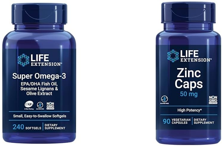 Extension de vie Super Omega-3 EPA/DHA Huile de poisson, sésame Lignans & extrait d'olive - Omega 3 Supplément et bouchons de zinc, zinc 50 mg, zinc Citrate, soutien des défenses immunitaires du corps